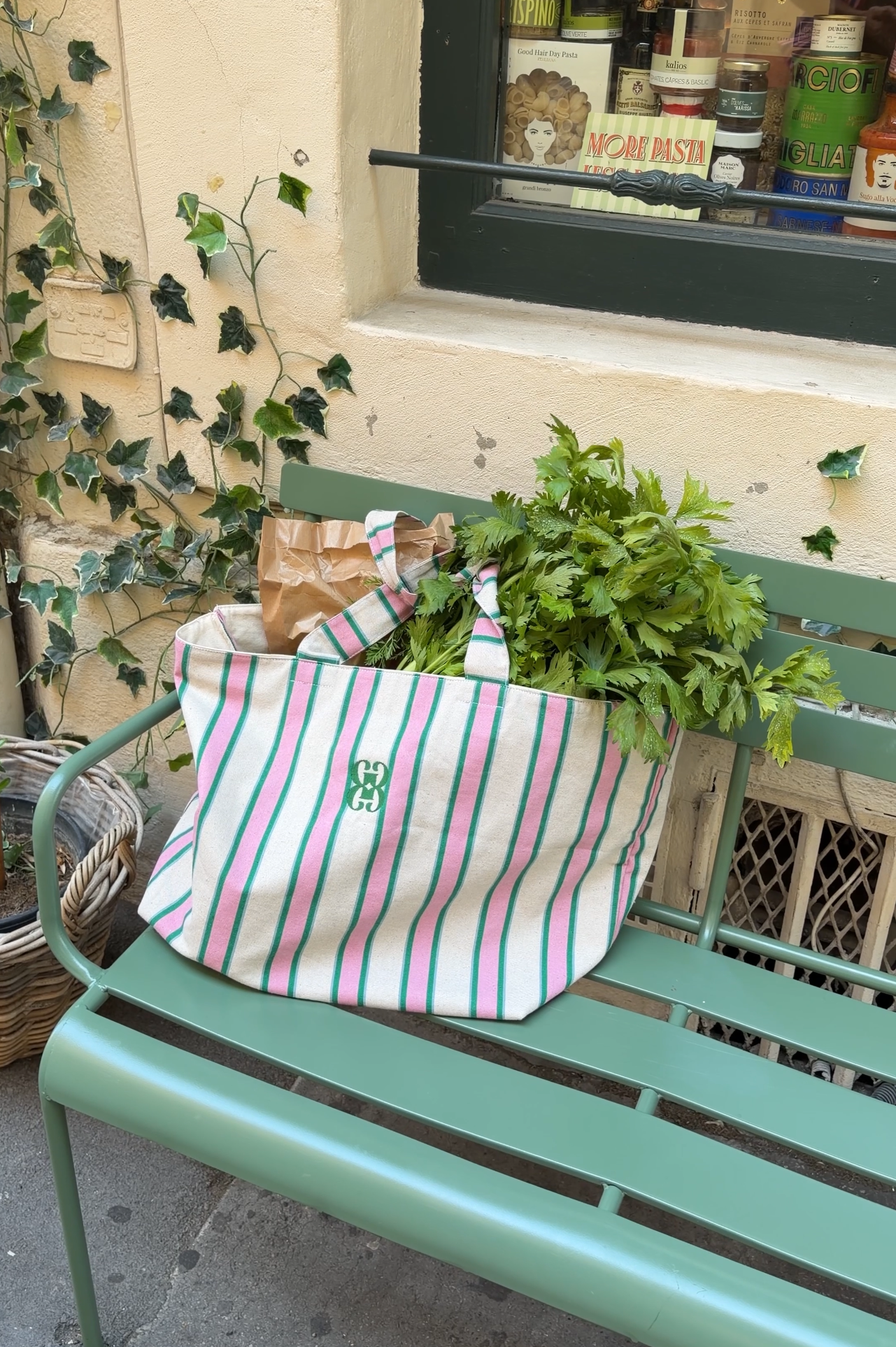 Le cabas Aix en Provence - Rayé Naturel, Rose & Vert